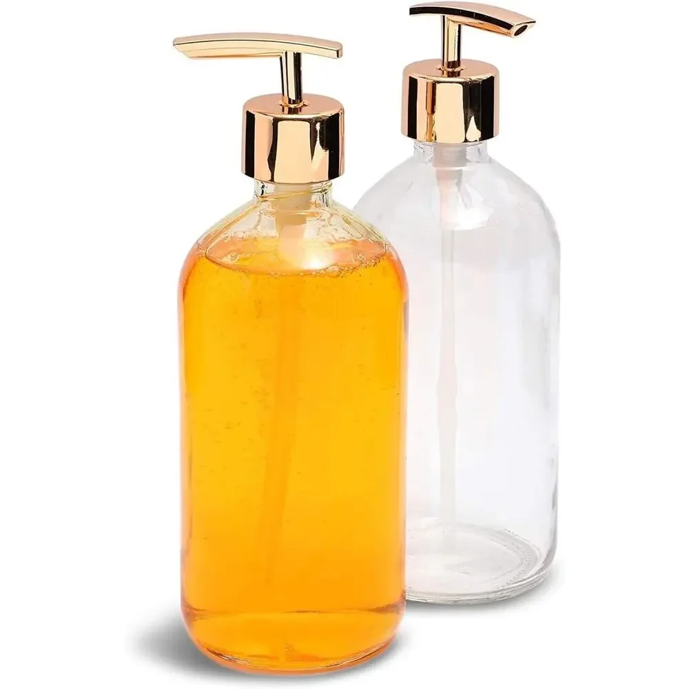2pcs Clear Glass Kitchen or Bathroom Hand Soap Dispenser Bottle 16oz (Gold Pump) - Picture 1 of 9
